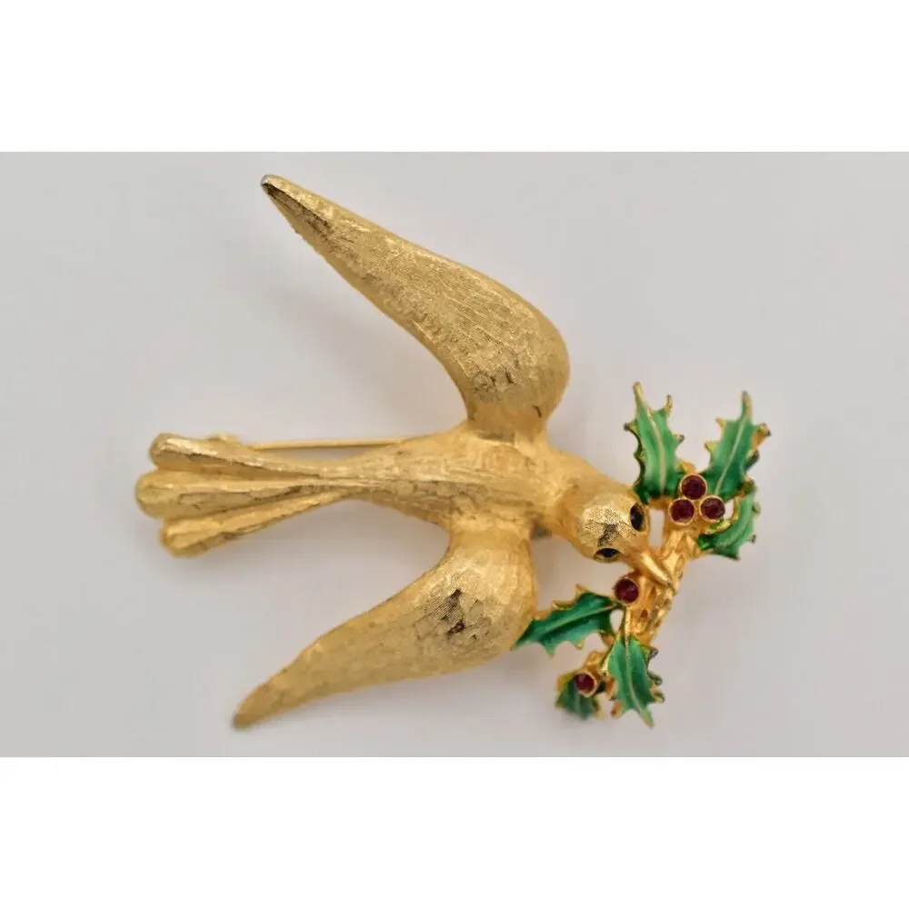 Mylu Vintage Christmas Bird Pin Brooch Brushed Gold Holiday Signed 1950s BinBK